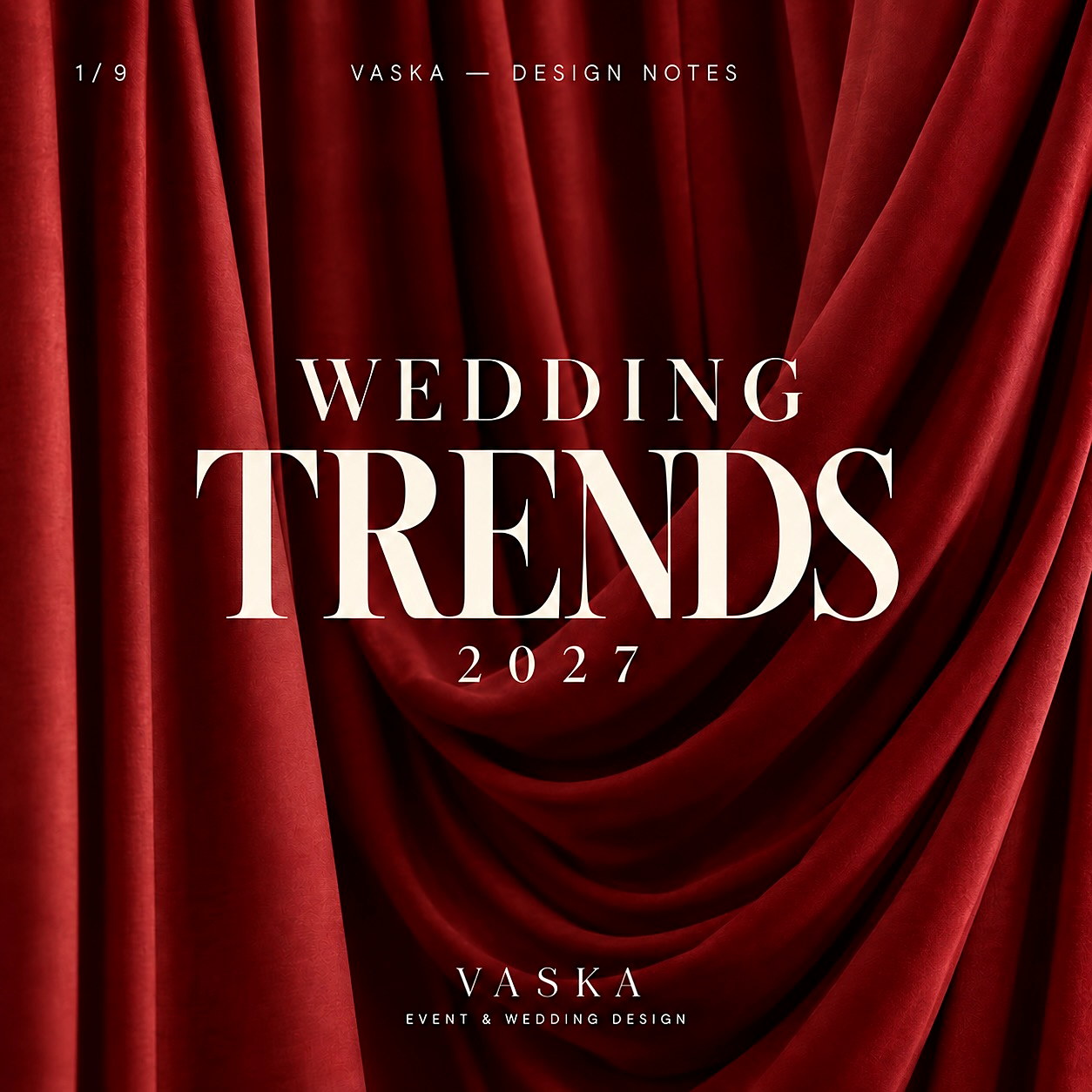 Karta VASKA Design Notes — WEDDING TRENDS 2027 na bordovom zámku